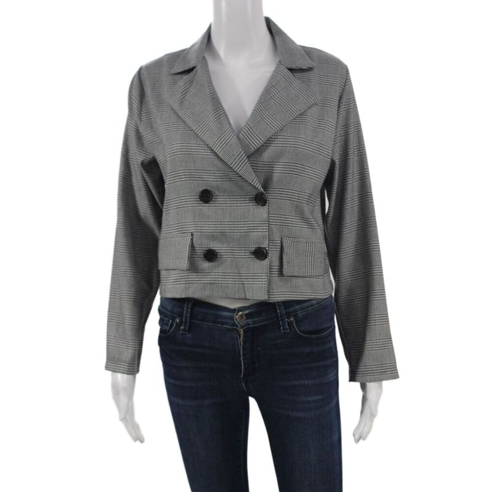 Muze Womens Plaid Gray Polyester Blend Button Blazer Long Sleeve Size S